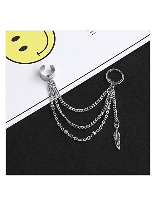 Vintage Tassel Ear Cuff Crawler Climer Earring for Women Girls Men Stainless Steel Cartilage Small Hoop Wrap Vine Clip on Feather Leaf Multi Layered Chain Drop Fashion Je