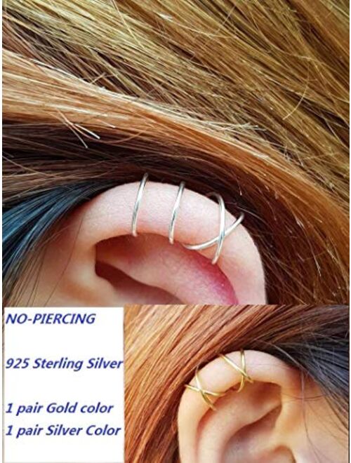 925 Sterling Silver 4pcs Silver and Gold no Piercing Ear Cuff (2 pcs doule &