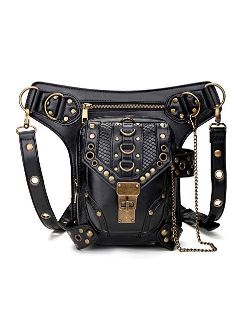 Valentoria Steampunk Waist Bag Fanny Pack Thigh Holster Purse Pouch Retro Fashion Gothic Casual Leather Shoulder Crossbody Messenger Bags Punk Rock Travel Hiking Sport Ch
