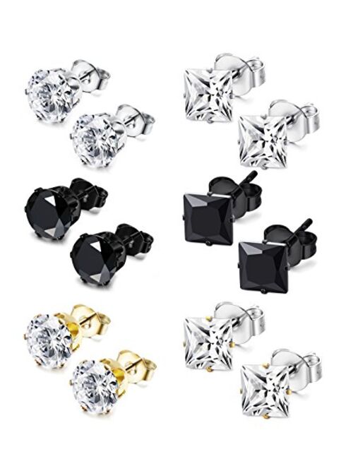 JOERICA 6 Pairs Stainless Steel Stud Earrings for Men Women CZ Earrings,3-8MM