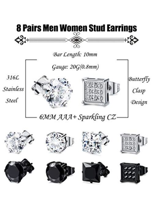 JOERICA 8 Pairs Stainless Steel CZ Stud Earrings Set Men Women Unisex Ear Piercing Jewelry