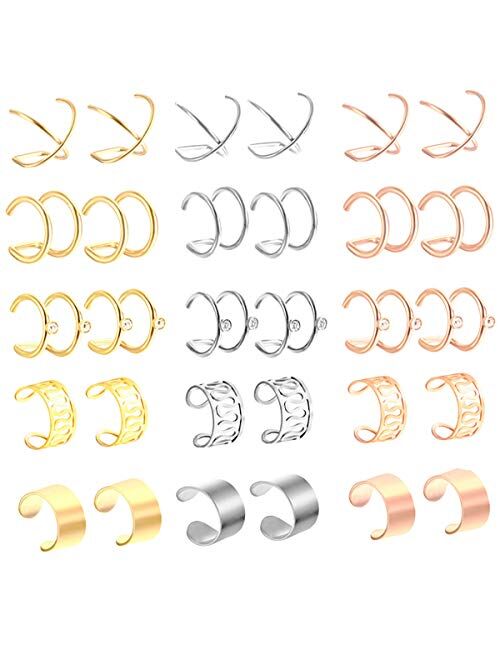 WAINIS 15 PAIRS Stainless Steel Ear Cuff for Men Women Non Piercing Helix Ear Clip Fake Cartilage Earrings for teen