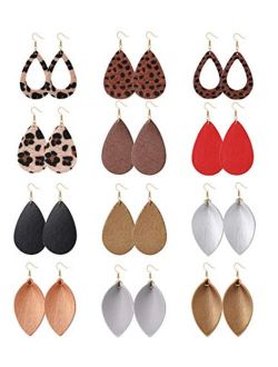 JOERICA 8-12 Pairs Leather Earrings for Women Teardrop Leaf Dangle Drop Earrings Lightweight Petal Leopard Earrings Set