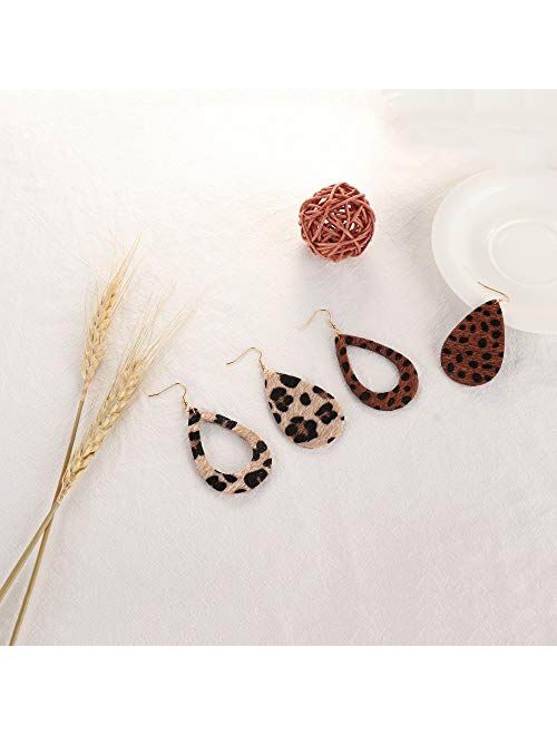 JOERICA 8-12 Pairs Leather Earrings for Women Teardrop Leaf Dangle Drop Earrings Lightweight Petal Leopard Earrings Set