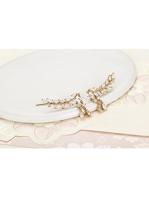 Chichinside CZ Crystal Leaves Ear Cuffs Climber Earrings Sweep up Ear Wrap Pins 1 Pair