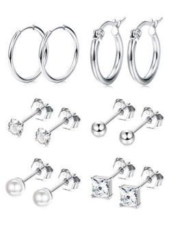 JOERICA 6 Pairs Sterling Silver Stud Earrings Set for Men Women 3mm Tiny CZ Ball Pearl Stud Earrings Small Tragus Hoop Huggie Cartilage Earrings Set Hypoallergenic