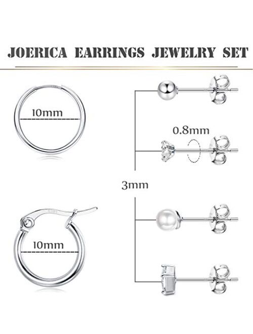 JOERICA 6 Pairs Sterling Silver Stud Earrings Set for Men Women 3mm Tiny CZ Ball Pearl Stud Earrings Small Tragus Hoop Huggie Cartilage Earrings Set Hypoallergenic