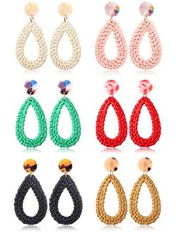 JOERICA 6 Pairs Rattan Earrings for Women Lightweight Statement Earrings Handmade Straw Wicker Braid Teardrop Hoop Drop Dangle Earrings Set