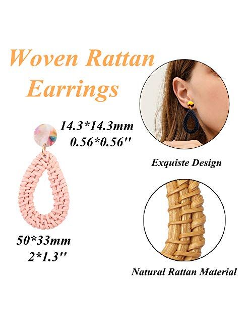 JOERICA 6 Pairs Rattan Earrings for Women Lightweight Statement Earrings Handmade Straw Wicker Braid Teardrop Hoop Drop Dangle Earrings Set