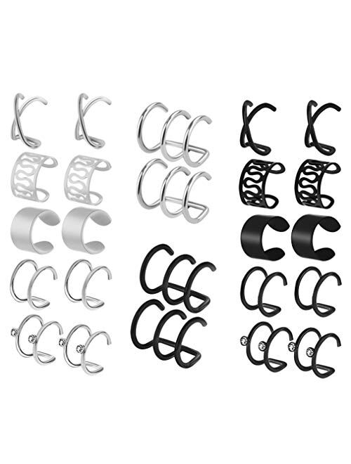 HOVEOX 12 Pairs Earrings Set Cuff Helix Cartilage Clip Stainless Steel on Ears Non Piercing Adjustable 6 Various Styles Silver and Black for Women Girls