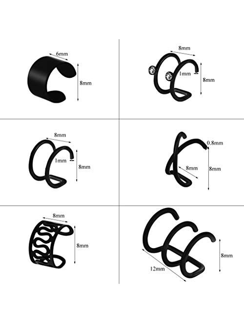 HOVEOX 12 Pairs Earrings Set Cuff Helix Cartilage Clip Stainless Steel on Ears Non Piercing Adjustable 6 Various Styles Silver and Black for Women Girls