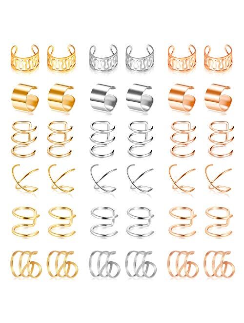 18 Pairs Ear Cuff, Roctee 6 Styles Cartilage Clip On Earrings Set Stainless Steel Ear Clip Fake Cartilage Earring Non Piercing Helix Cartilage Ear Clip (Gold/Silver/Rose)
