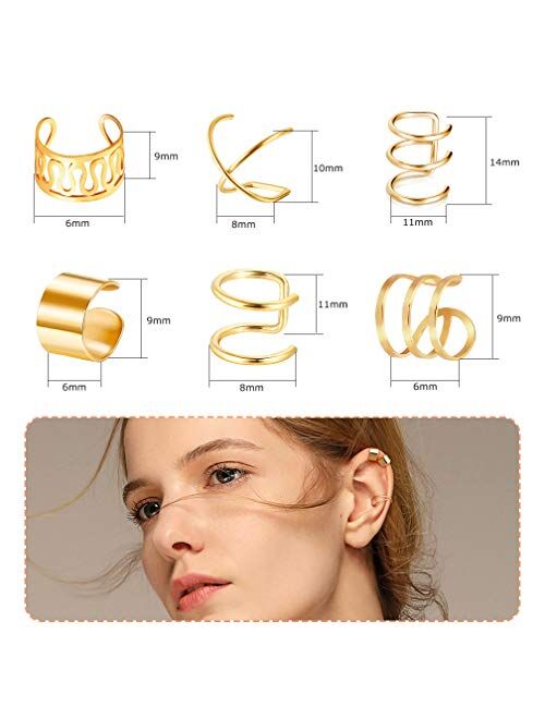 18 Pairs Ear Cuff, Roctee 6 Styles Cartilage Clip On Earrings Set Stainless Steel Ear Clip Fake Cartilage Earring Non Piercing Helix Cartilage Ear Clip (Gold/Silver/Rose)