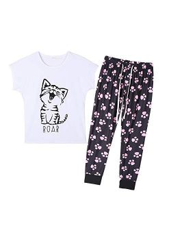 YIJIU Women's Cute Cartoon Cat Sleepwear Short Sleeve Top and Pants Pajama Set