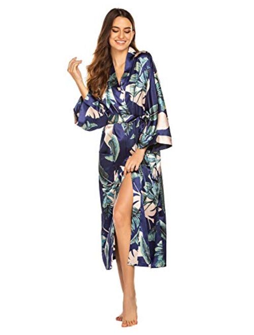 FINEJO Women Kimono Robe Silk Lightweight Long Robes Satin Bathrobe Soft Sleepwear V-Neck Ladies Loungewear S-XXL