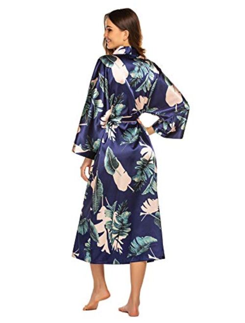 FINEJO Women Kimono Robe Silk Lightweight Long Robes Satin Bathrobe Soft Sleepwear V-Neck Ladies Loungewear S-XXL