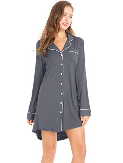 Amorbella Womens Long Sleeve Nightgown Button Down Nightshirt Bamboo Sleep Shirt Soft Pajama Top