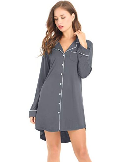 Amorbella Womens Long Sleeve Nightgown Button Down Nightshirt Bamboo Sleep Shirt Soft Pajama Top