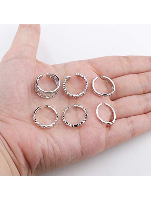 JOERICA 6 Pcs Toe Rings Set for Women Adjustable Wave Flower Open Tail Ring Band Foot Jewelry