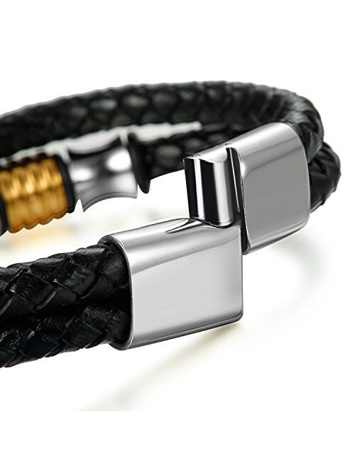 JOERICA Stainless Steel Magnetic Clasp Leather Bracelets for Men Cuff Bracelet 7.5-8.5inches