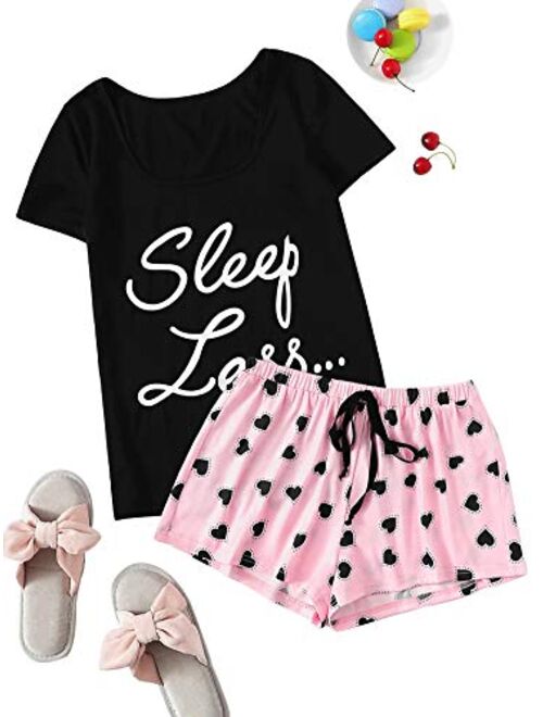 Floerns Women's Cute Graphic Print Sleepwear Tops and Shorts 2 Piece Pajama Sets