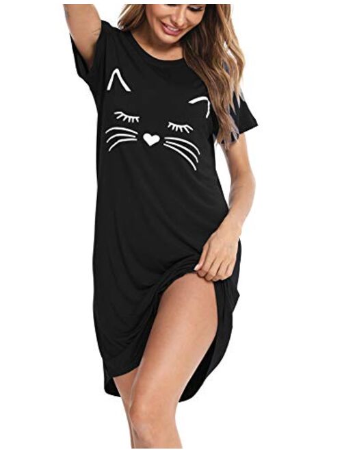 SWOMOG Womens Nightgown Short Sleeve Sleep Shirt Cute Print Nightdress Soft Comfy Modal Sleepwear