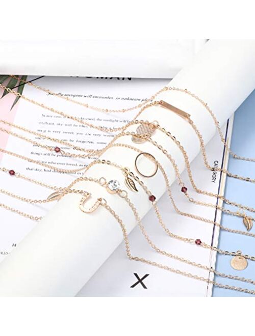 JOERICA 16 Pcs Gold Layered Necklaces Choker Chain Y Necklace Set for Women Disc Bar Shell Feather Horn Blessed Virgin Mary Pendant Necklace Jewelry Gift