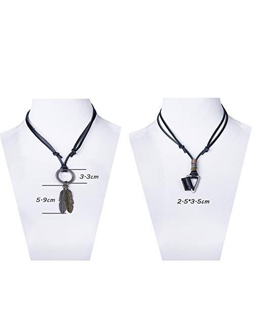 JOERICA 4pcs Leather Necklace for Men Women Vintage Feather Cube Chain Necklace Adjustable