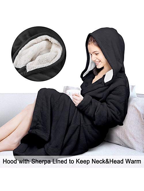 Hooded Sherpa Robe Long Plush Fuzzy Bathrobe for Women with Hood Sherpa Lined