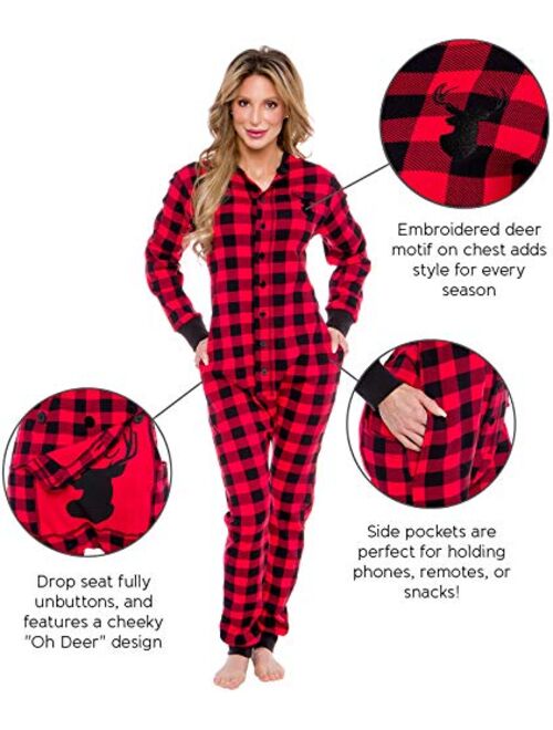Silver Lilly Oh Deer Buffalo Flannel One Piece Pajamas - Women's Union Suit Pajamas with Drop Seat Butt Flap