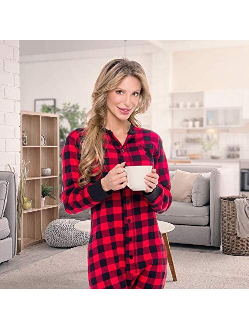 Silver Lilly Oh Deer Buffalo Flannel One Piece Pajamas - Women's Union Suit Pajamas with Drop Seat Butt Flap