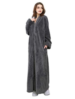 Hellomamma Women's Zip Front Bathrobe Soft Warm Long Fleece Plush Robe Plus Size Full Length Housecoat Sleepwear Dressing Gown