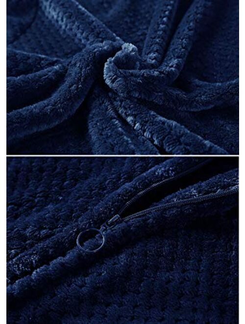 Hellomamma Women's Zip Front Bathrobe Soft Warm Long Fleece Plush Robe Plus Size Full Length Housecoat Sleepwear Dressing Gown