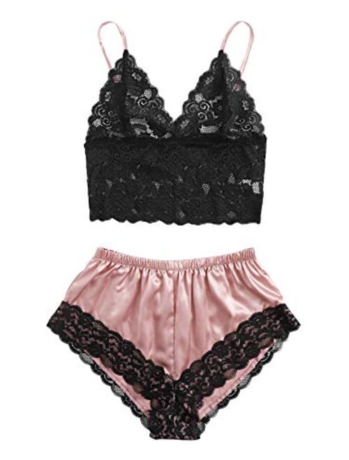WDIRARA Women's Floral Lace Cami Top with Shorts Sleepwear Sexy Lingerie Pajama Set