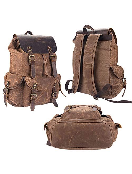 WUDON Leather Backpack for Men, Waxed Canvas Shoulder Rucksack for Travel School