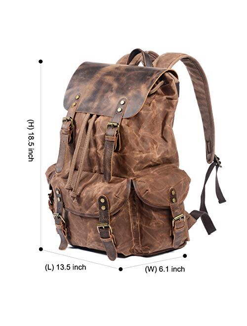 WUDON Leather Backpack for Men, Waxed Canvas Shoulder Rucksack for Travel School
