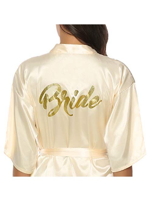 Hawiton Women's Satin Silk Bride & Bridesmaid Robe Gold Glitter Wedding Party Kimono Robes