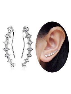 7 Crystals Ear Cuffs Hoop Climber S925 Sterling Silver Earrings Hypoallergenic Earring