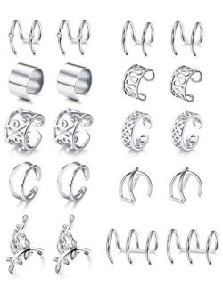 LOYALLOOK 10 Pairs Silver Black Tone Stainless Steel Ear Cuff for Women Non Piercing Helix Cartilage Ear Clip Fake Cartilage Earring