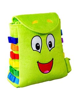 Buckle Toy - Buddy Activity Backpack - Educational Learning Toy with Zippered Pouch for Storage - Great Gift for Toddlers and Kids, Green - 11 x 8 inches