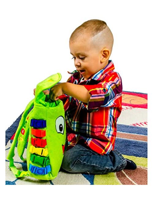 Buckle Toy - Buddy Activity Backpack - Educational Learning Toy with Zippered Pouch for Storage - Great Gift for Toddlers and Kids, Green - 11 x 8 inches