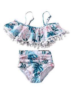 XUNYU Girls Swimsuit Falbala High Waisted Bathing Suit Halter Neck Bikini Swimwear
