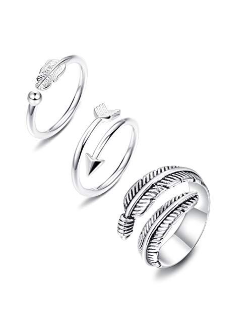 JOERICA 3 Pcs Silver Adjustable Open Rings Women Feather Thumb Stackable Knuckle Ring Sideways Arrow Horizontal Ring
