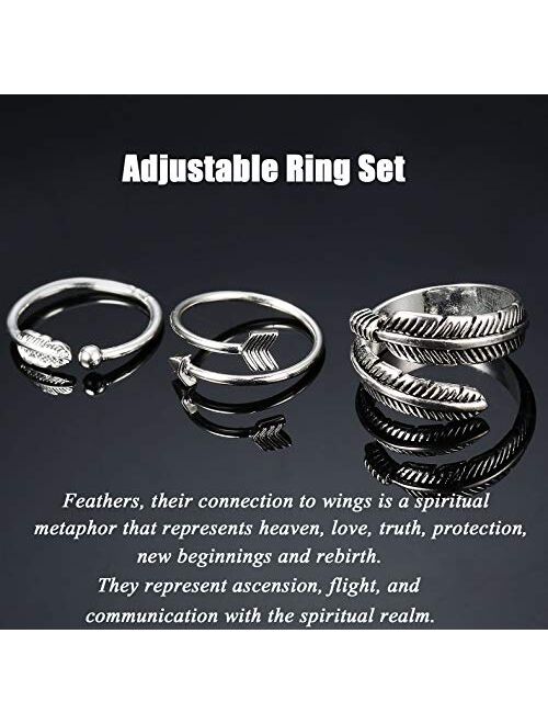 JOERICA 3 Pcs Silver Adjustable Open Rings Women Feather Thumb Stackable Knuckle Ring Sideways Arrow Horizontal Ring