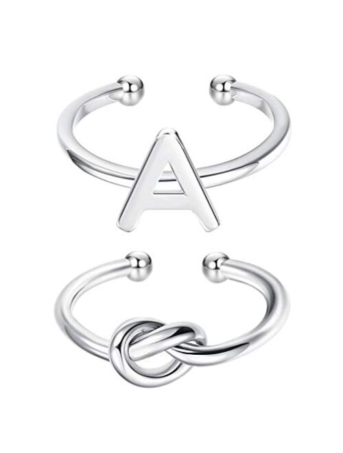 JOERICA 2 Pcs 925 Sterling Silver Initial Ring for Women Letter Knot Adjustable Knuckle Rings Best Friend Jewelry Gift
