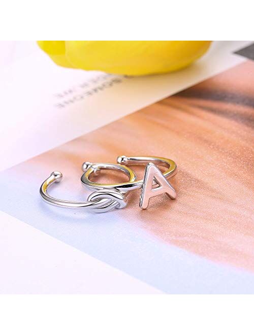 JOERICA 2 Pcs 925 Sterling Silver Initial Ring for Women Letter Knot Adjustable Knuckle Rings Best Friend Jewelry Gift