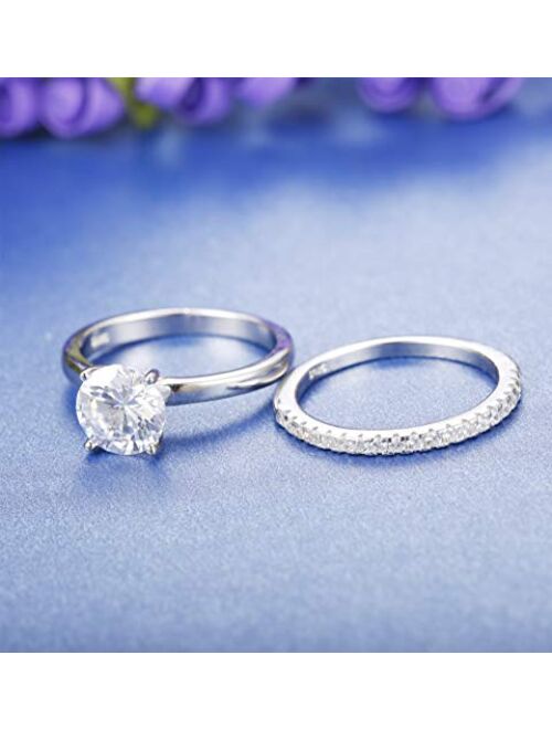 JOERICA 2 Pcs 925 Sterling Silver Engagement Rings for Women Stackable Eternity CZ Band WeddingRing Size 4-9