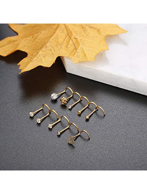 JOERICA 10 Pcs 20G Stainless Steel Screw Nose Studs Rings CZ Labret Silver Gold Nose Stud Piercing Jewelry Set