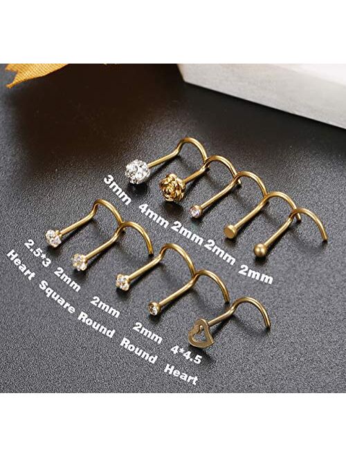 JOERICA 10 Pcs 20G Stainless Steel Screw Nose Studs Rings CZ Labret Silver Gold Nose Stud Piercing Jewelry Set