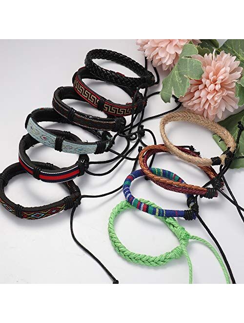 JOERICA 32-35 Pcs Braided Bracelet for Women Men Woven Leather Wristbands Boho Ethnic Style Tribal Linen Hemp Cords Wrap Bracelets Set Handmade String Jewelry